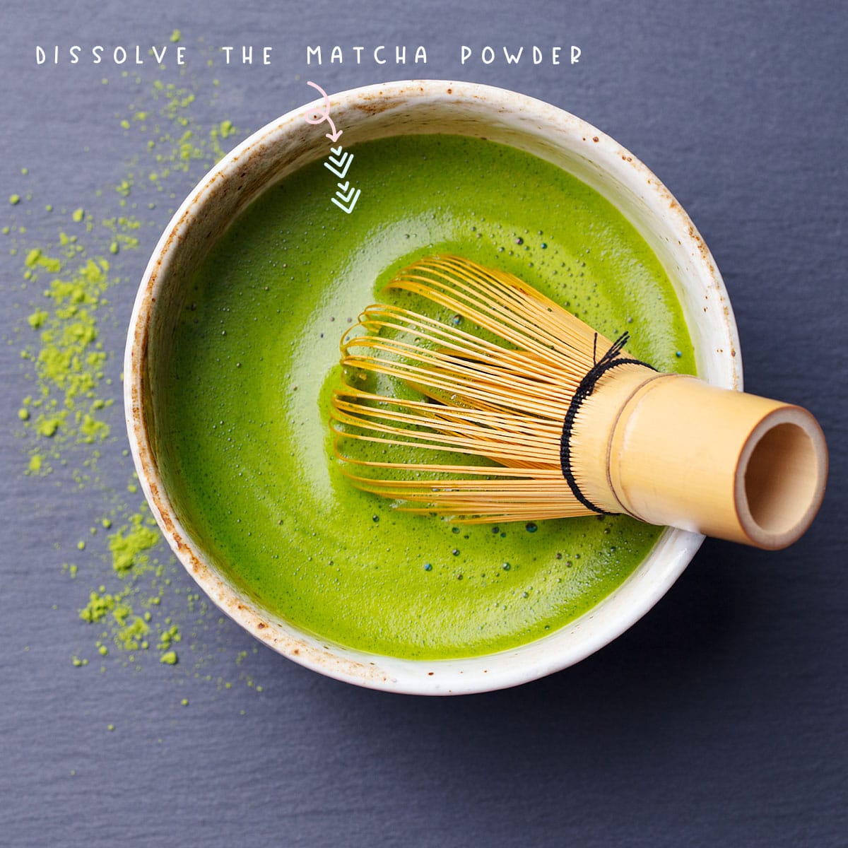 Put some matcha powder in a small bowl, and stir in some hot water (170°F/70°C, not boiling water) to make a thin paste. Whisk using a matcha whisker until it dissolves into a smooth paste.