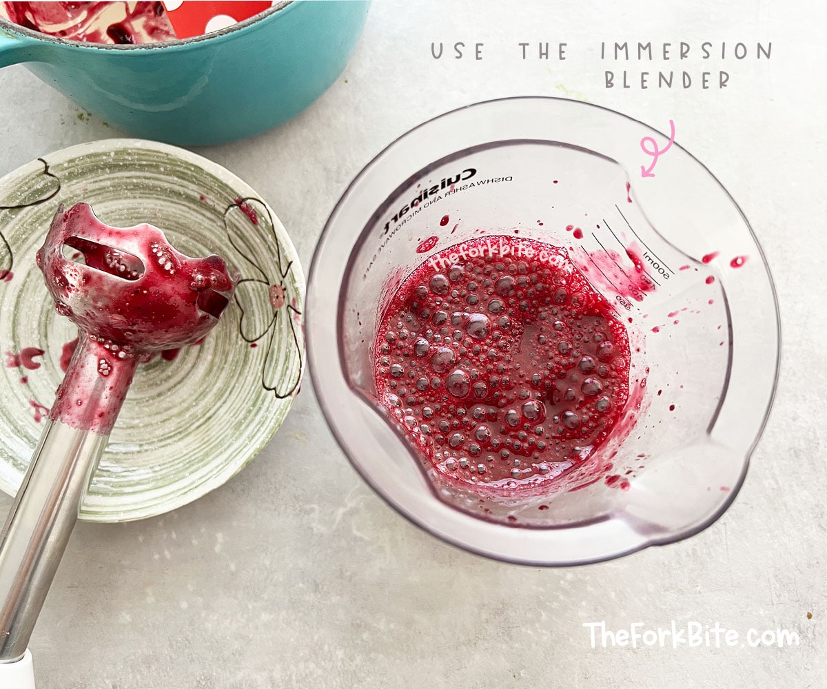 Keeping the blueberry pieces and using an immersion blender to blend the blueberries is also possible, which will make the syrup smooth and free of small fruit bits.
