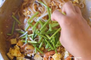 Add the chives and sprouts to the noodles and give them a quick stir to incorporate. Stirring them quickly will help the flavors and colors of all ingredients blend nicely.