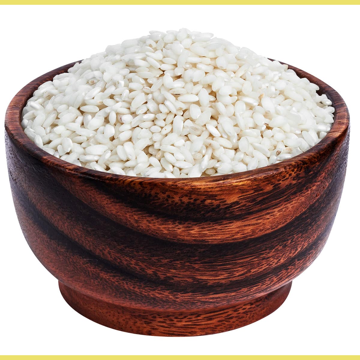 Short-grain white rice, also known as “sushi” or “glutinous” rice, has shorter, plump, and stickier grains with a glossy sheen and higher starch content.