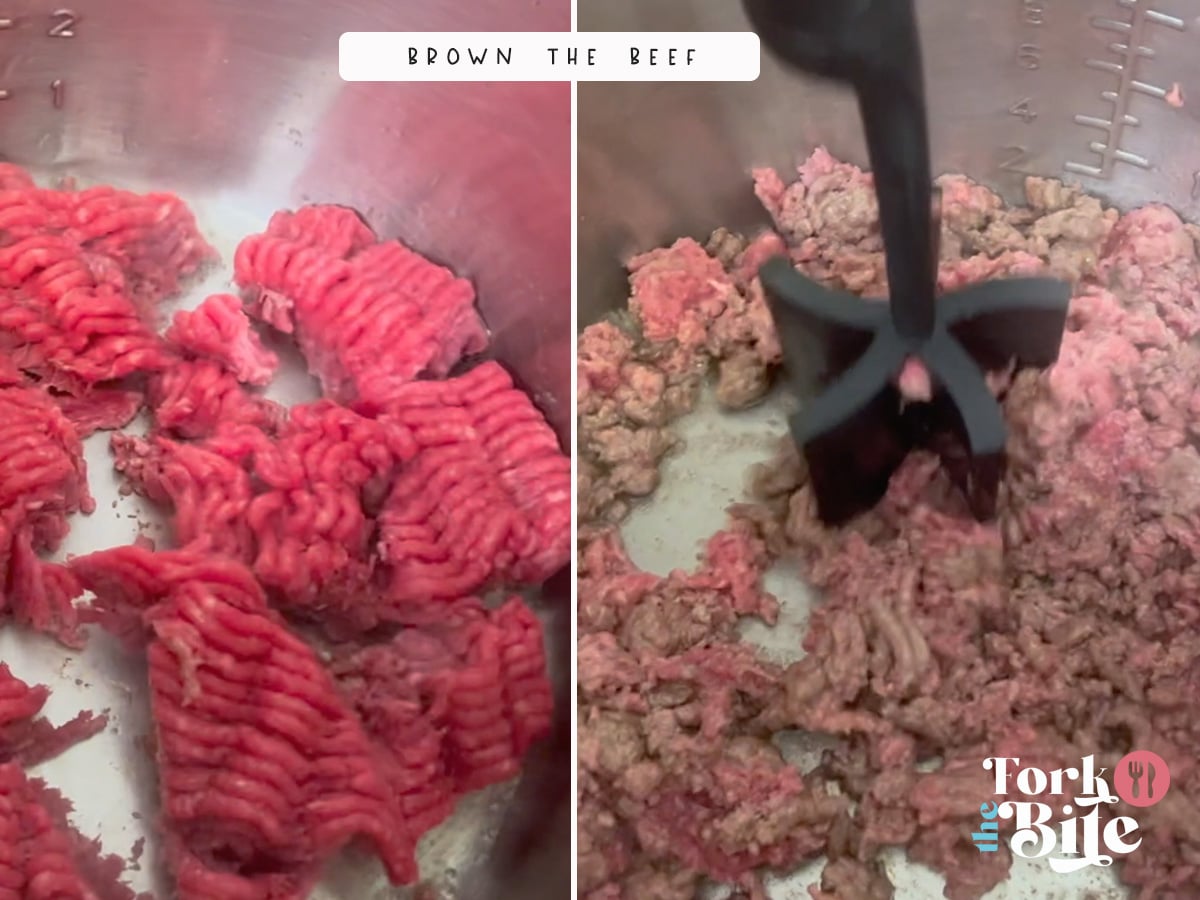 Browning the ground beef with a spoon or spatula is the first step to creating a delicious meal.