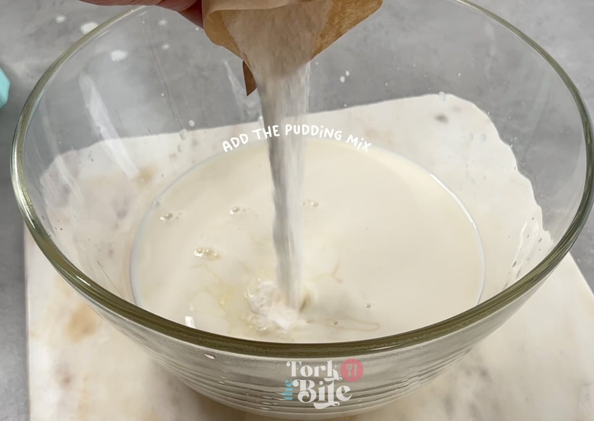 Gradually add the pudding mix and beat until everything is thoroughly combined.