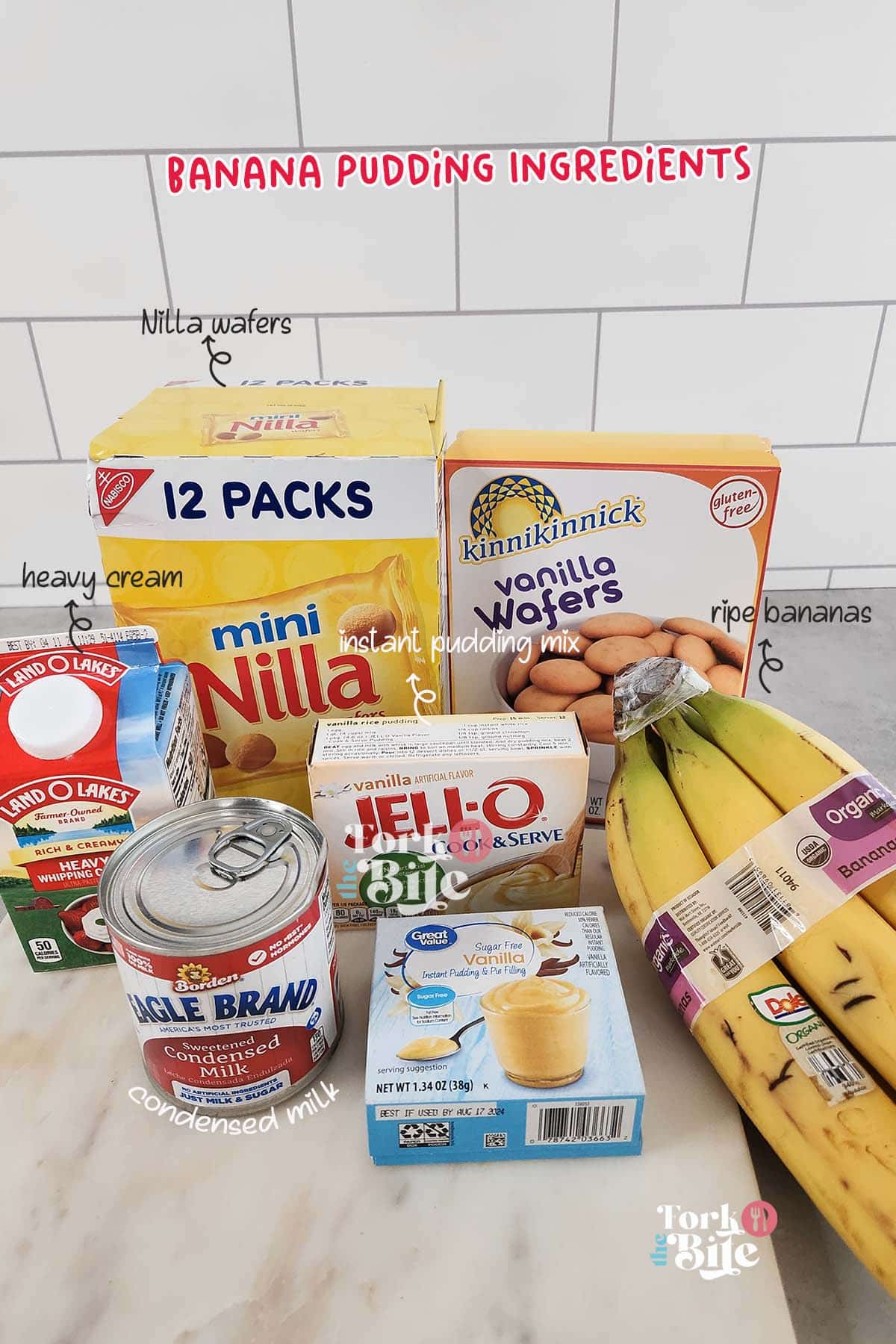 Image of fresh banana pudding ingredients, including ripe bananas, sweetened condensed milk, vanilla wafers, and whipped cream, perfectly arranged and ready for creating the delectable Pioneer Woman's dessert recipe - a treat for the taste buds and eyes alike.