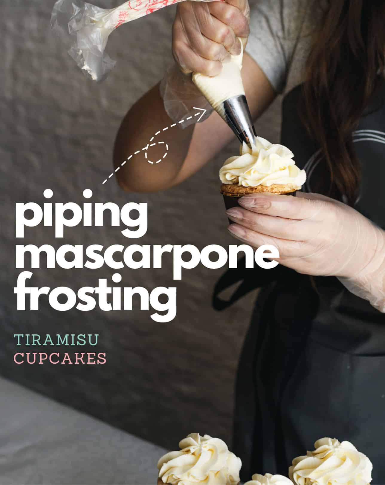 Luscious mascarpone frosting being piped onto espresso-infused Tiramisu cupcakes.