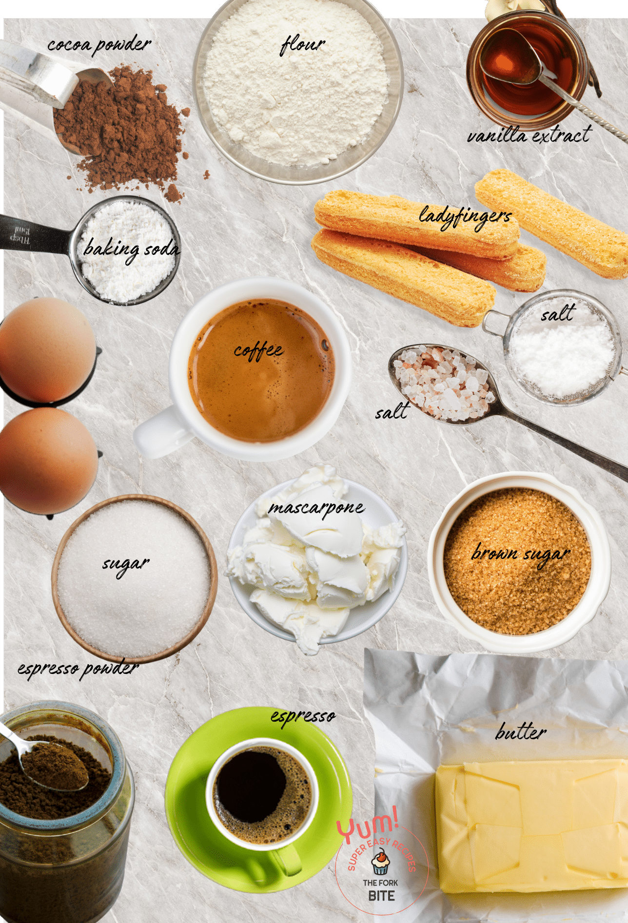Tiramisu Cupcakes Ingredients featuring mascarpone cheese, cocoa powder, robust espresso, and organic eggs.