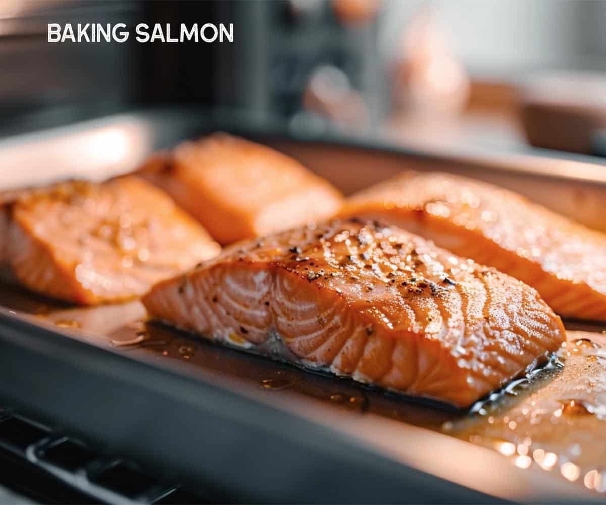 Close-up of salmon baking, showing flaky texture and golden-brown edges