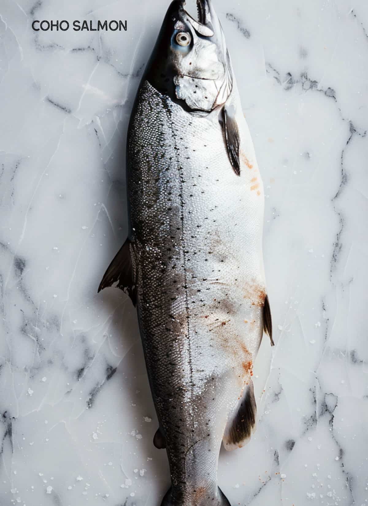 A close-up of a Coho salmon with its silver scales and hooked jaw.