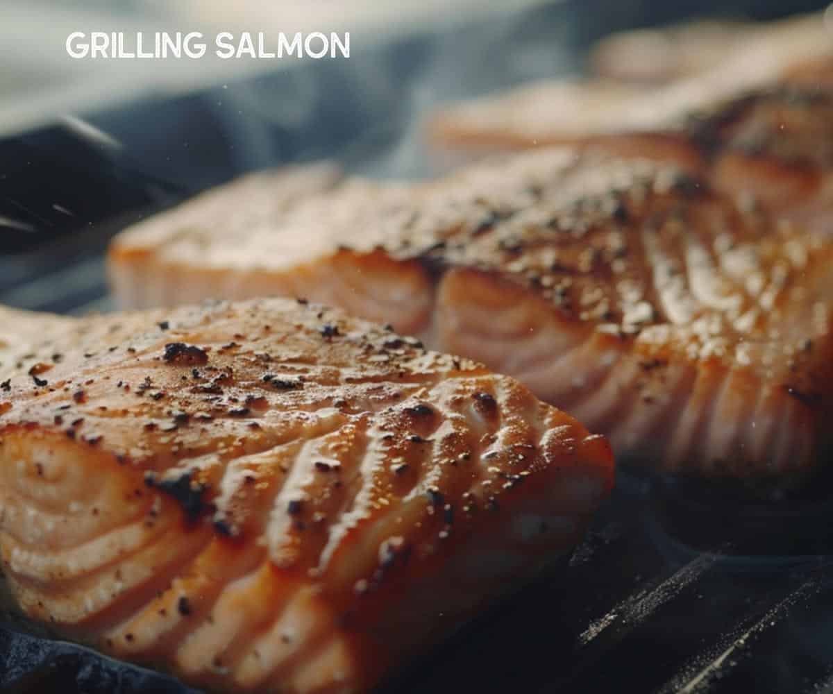 Close-up of salmon grilling over flames, skin side down