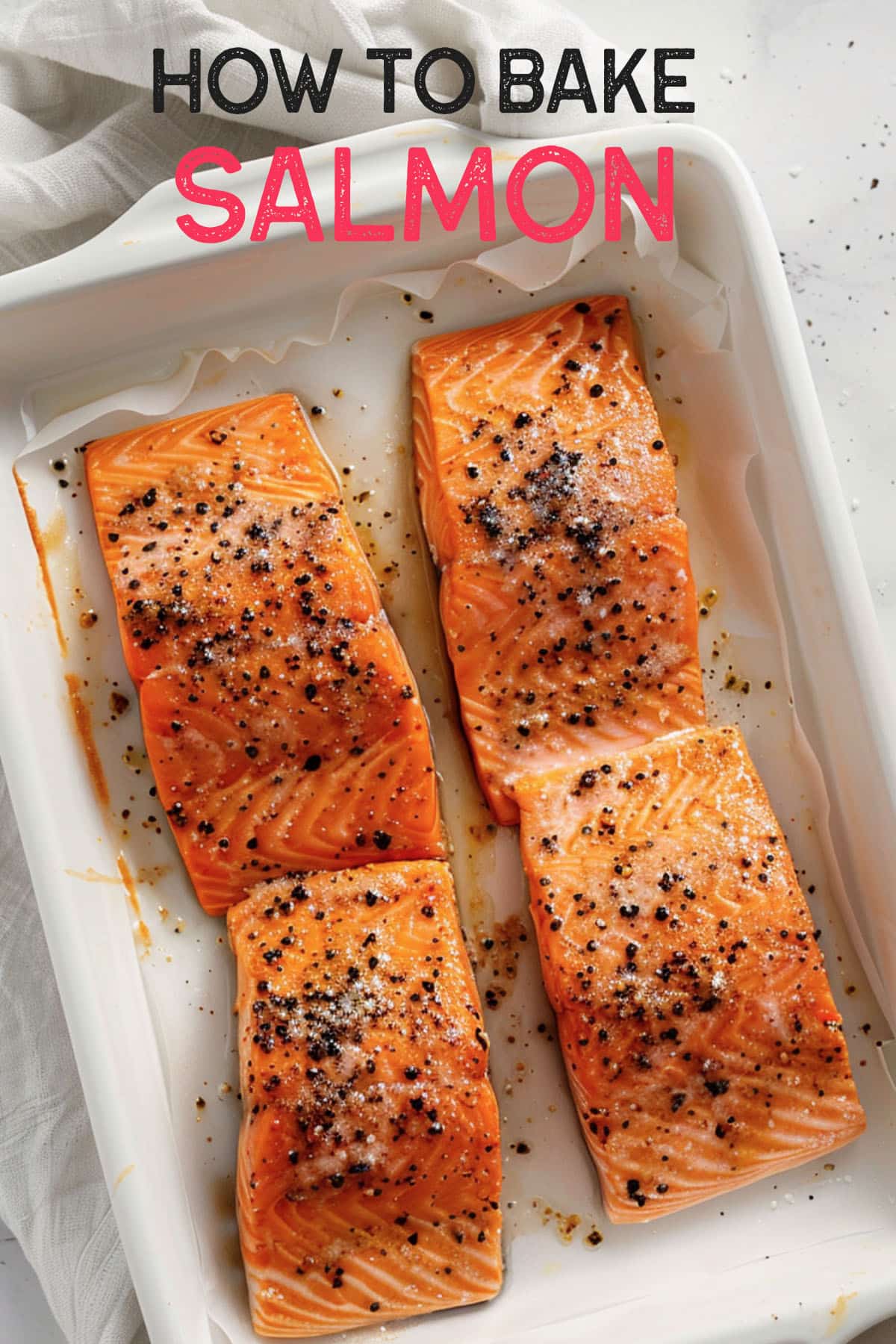 Step-by-step instructions on how to bake salmon, including seasoning and cooking times.