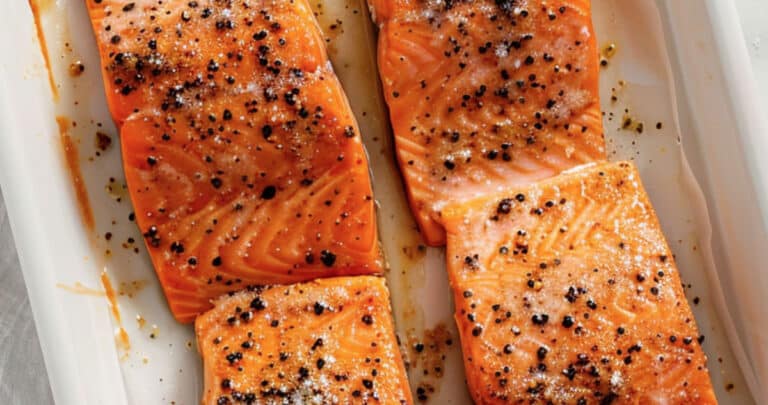 A freshly baked salmon fillet with a golden-brown crust.
