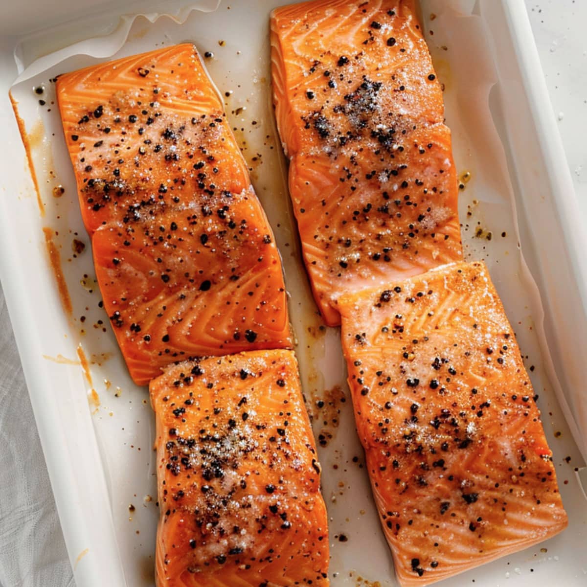 A freshly baked salmon fillet with a golden-brown crust.