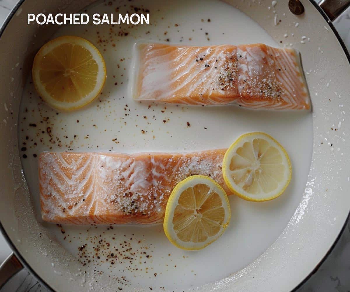 Close-up of poached salmon showing its flaky texture