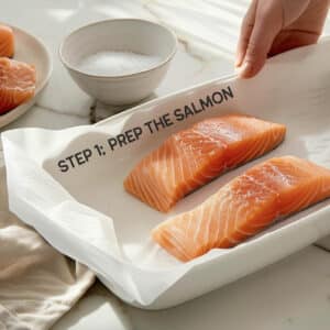 Patting dry salmon fillets with paper towels to remove excess moisture, preparing for teriyaki cooking.