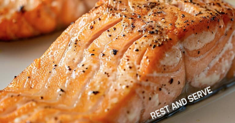 Image of cooked salmon resting to allow for even temperature, juicy texture, and ultimate tenderness.