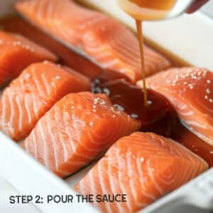 Pouring rich and savory teriyaki sauce over salmon fillets