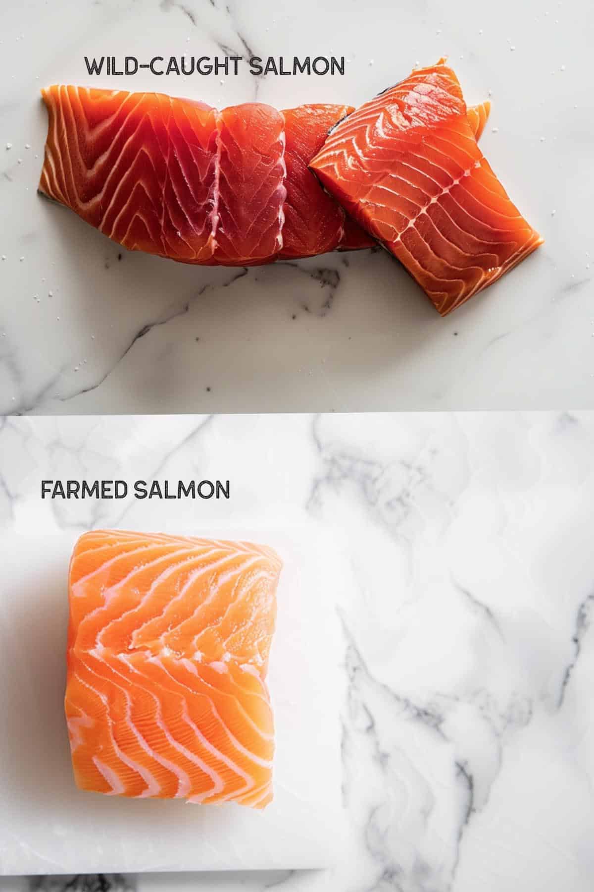 Side-by-side comparison of wild-caught and farmed salmon fillets, highlighting color differences