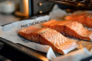 Salmon fillet on a baking sheet going into the oven