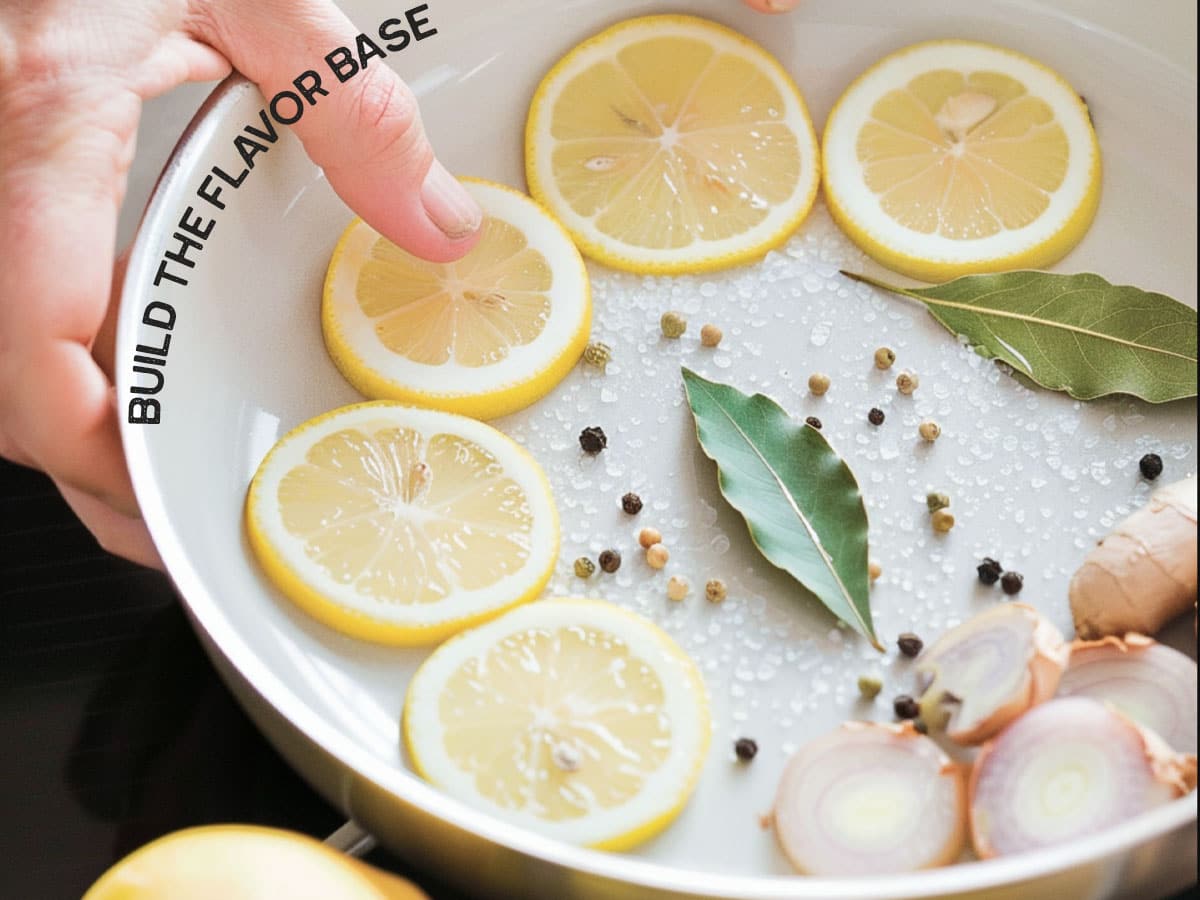 Aromatic herbs, bright lemon, and shallots simmer in a poaching liquid, releasing their delicious flavors