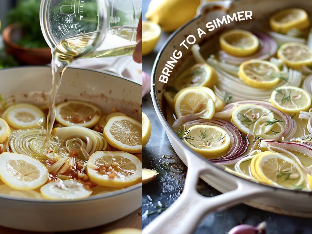 Close-up of a pan lined with lemon slices, herb stems, and sliced shallots, ready for poaching salmon.