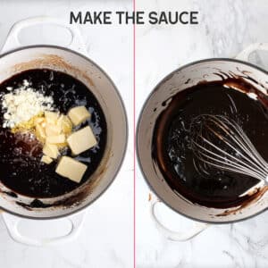 A saucepan on the stove containing a simmering honey glaze sauce with butter, soy sauce, honey, and garlic.