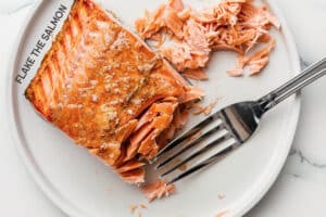 Flaking cooked salmon with a fork for salmon flakes recipe