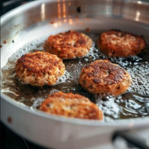 Several golden brown salmon croquettes are fried in a skillet with hot oil.