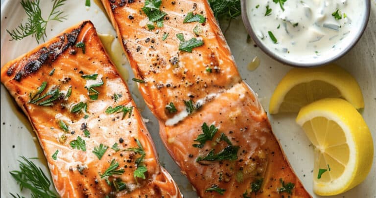 Close-up of grilled salmon showing grill marks, flaky texture, and a drizzle of lemon-herb butter.