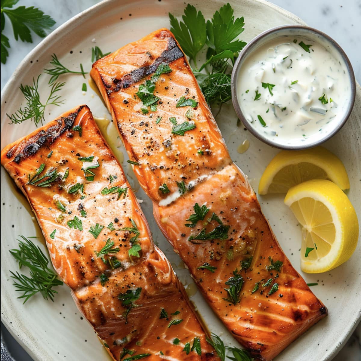 Close-up of grilled salmon showing grill marks, flaky texture, and a drizzle of lemon-herb butter.