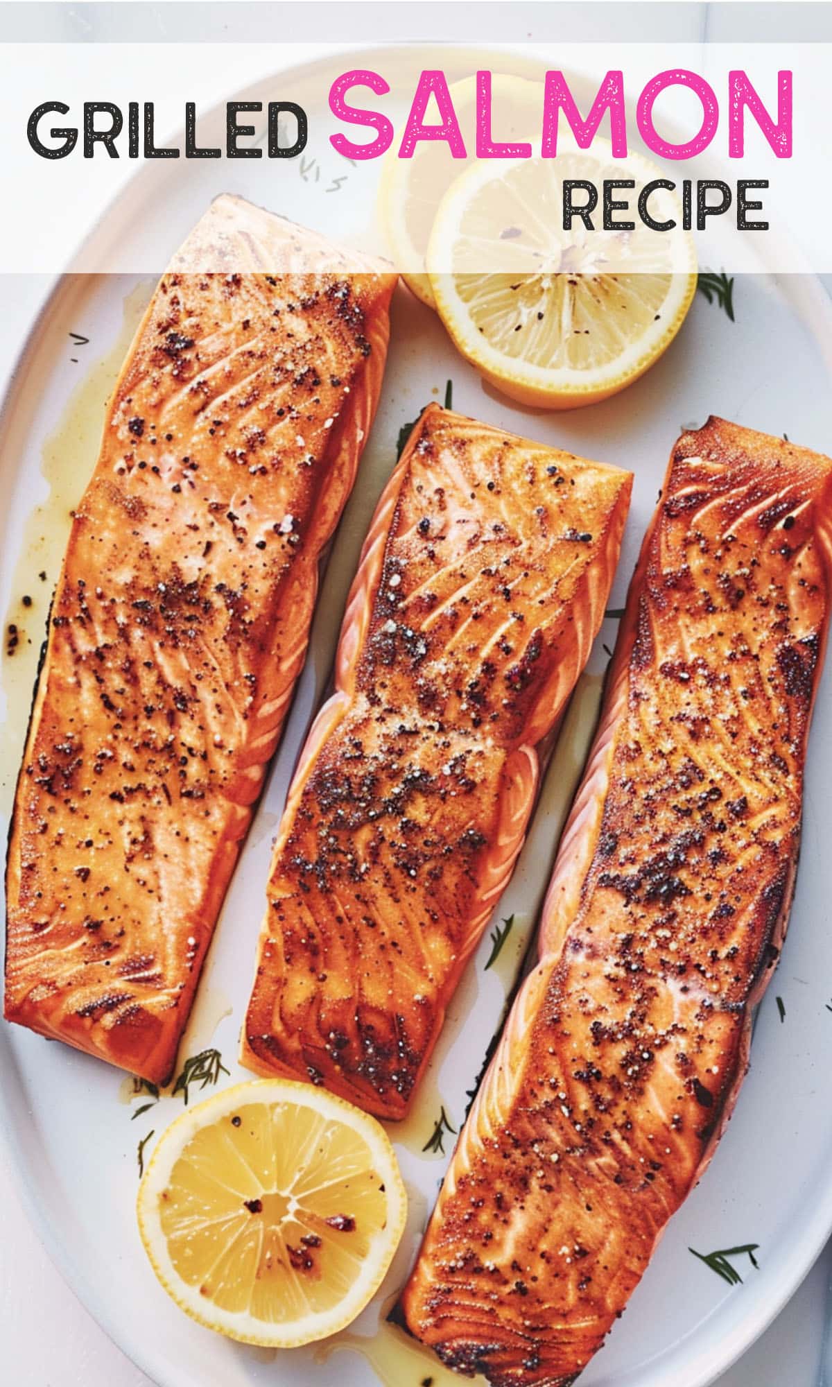 Close-up of grilled salmon showing grill marks, flaky texture, and a drizzle of lemon-herb butter