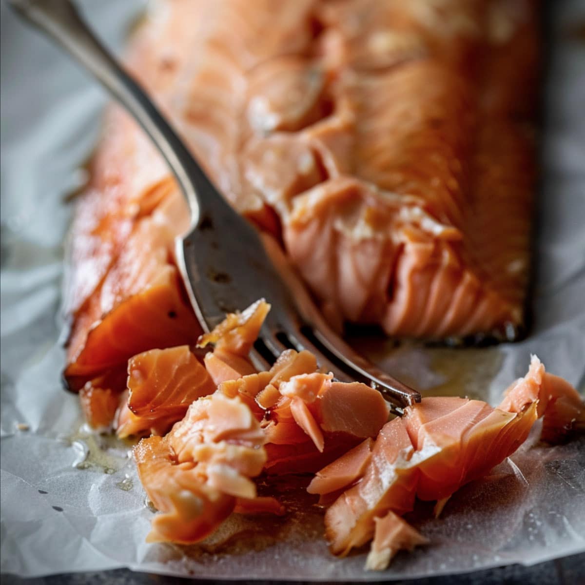 Close-up of perfectly cooked hot-smoked salmon with a golden-brown crust.