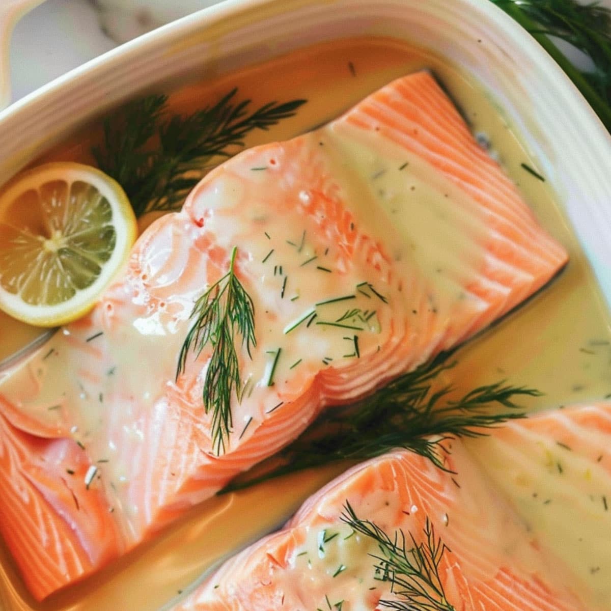 Poached salmon on a plate with lemon and herbs, highlighting the vibrant colors and textures of the finished dish.