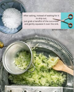 Grating cucumber and removing water for tzatziki sauce: salting and draining for a thicker dip.
