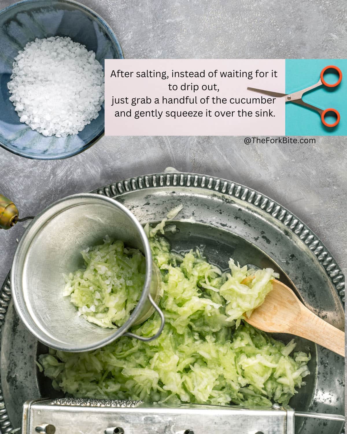 Grated and salted cucumber draining in a colander for the perfect creamy tzatziki texture.