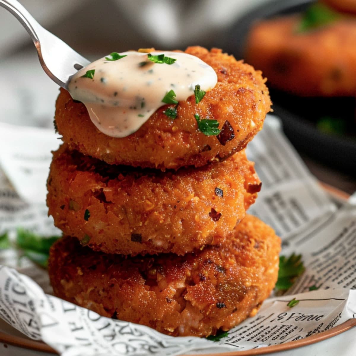 Plate of perfectly cooked salmon croquettes served with a creamy tartar sauce and fresh dill.