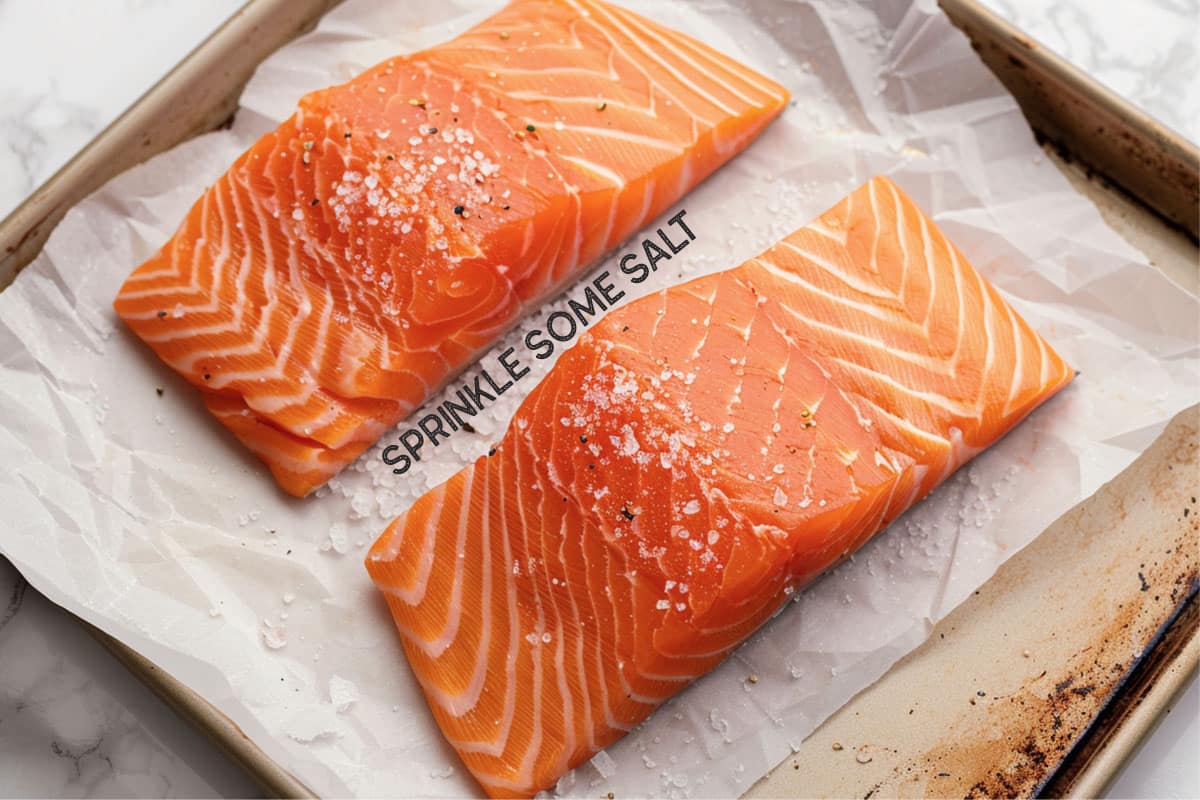 Sprinkling salt on salmon for perfectly flaky results.