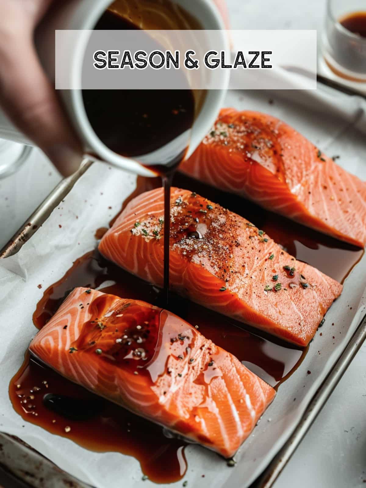 Seasoned salmon fillets with a glistening, sticky honey glaze, ready to be baked.