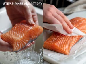 Hands rinsing a brined salmon fillet under cold water in a sink. A stack of paper towels sits ready for drying the fish.