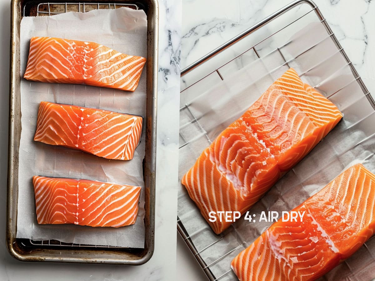 Close-up of a salmon fillet, skin-side down, on a wire rack over a baking sheet.