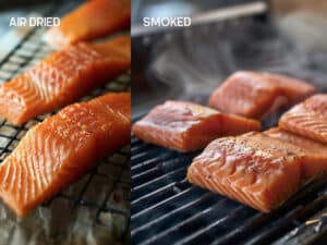 Salmon fillet placed skin-side down on the grates of a smoker.