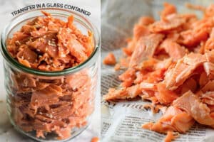 Salmon flakes stored in a glass jar with a lid