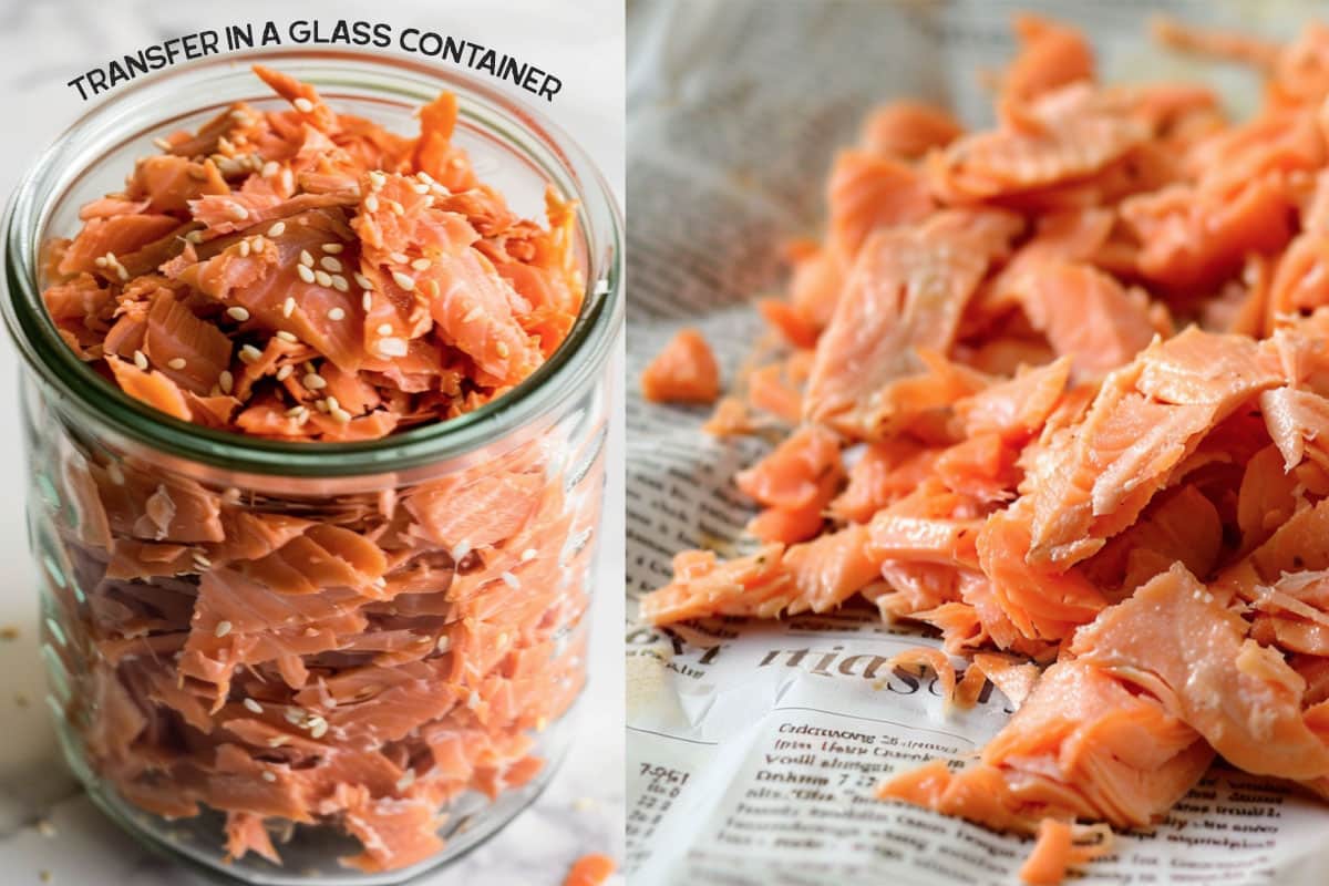 Airtight jar of salmon flakes in the refrigerator for freshness.