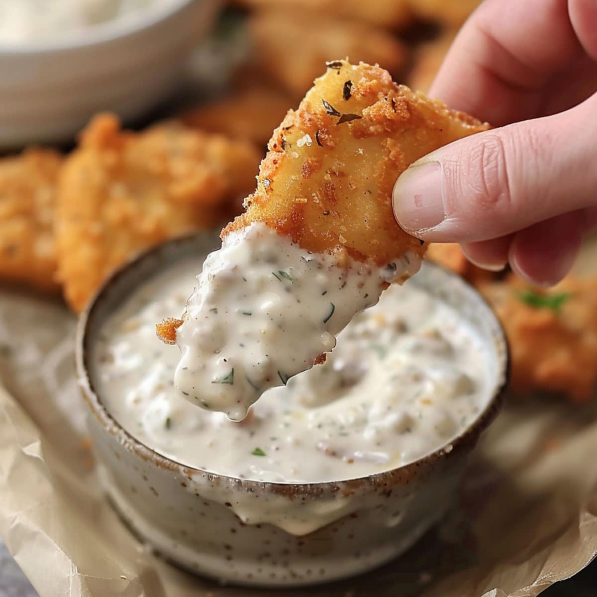 A bowl of fresh tartar sauce with herbs, perfect for seafood, burgers, and salads.