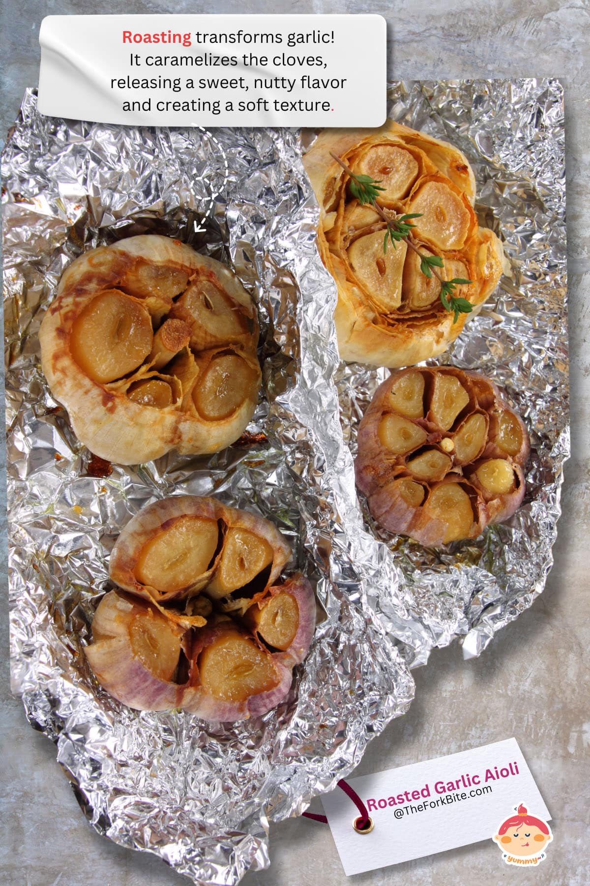Roasted garlic cloves exposed in an open foil packet, golden brown and slightly steaming.