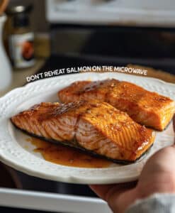 Image warning that microwaving ruins reheated salmon's flavor and texture.