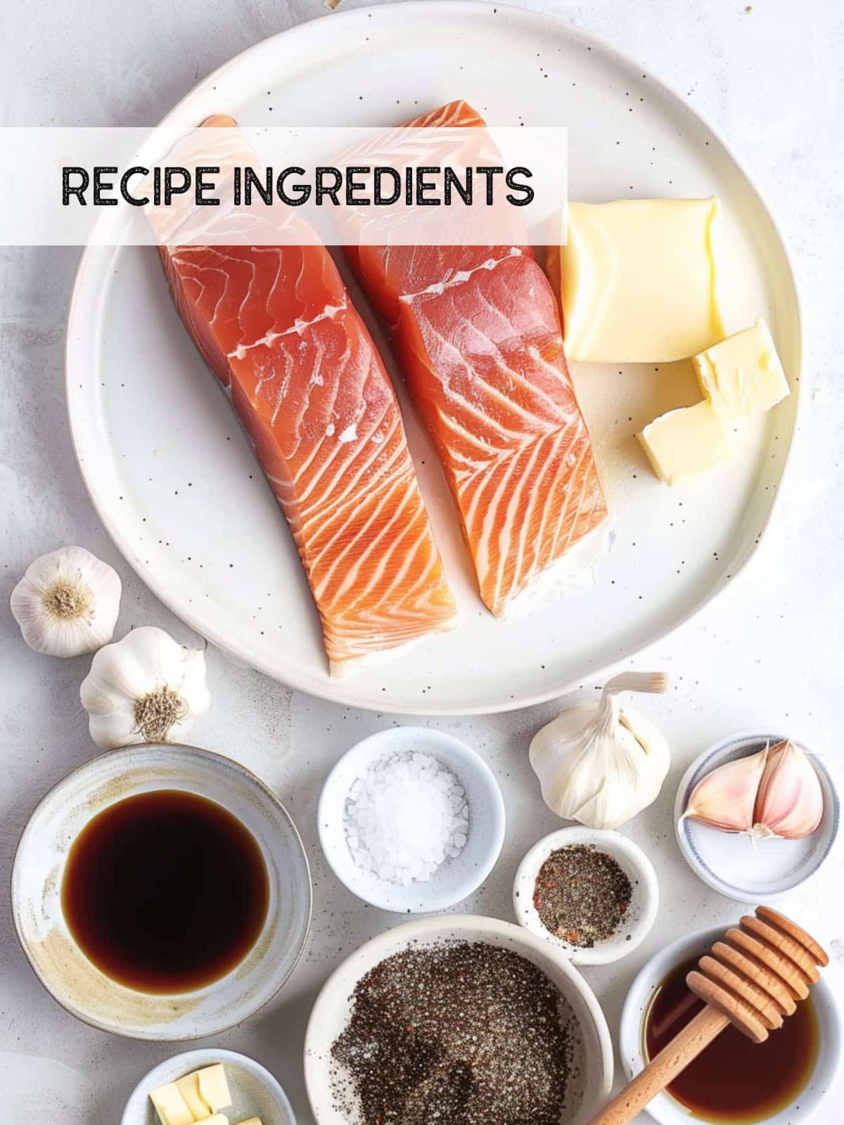 Recipe ingredients for honey glazed salmon laid out on a counter, ready to be transformed into a delicious meal