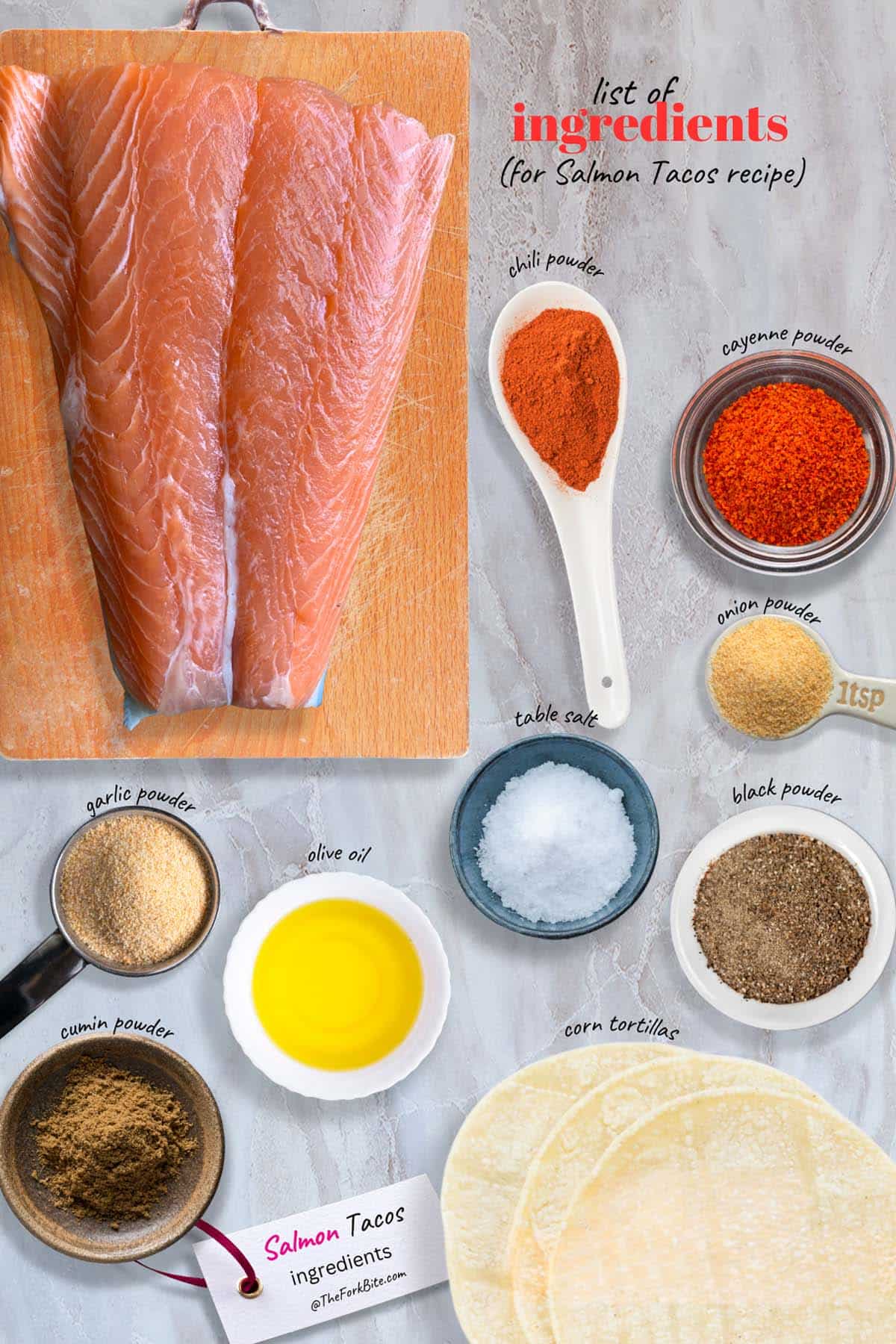 A vibrant spread of ingredients for air fryer salmon tacos: mix of seasoning blend