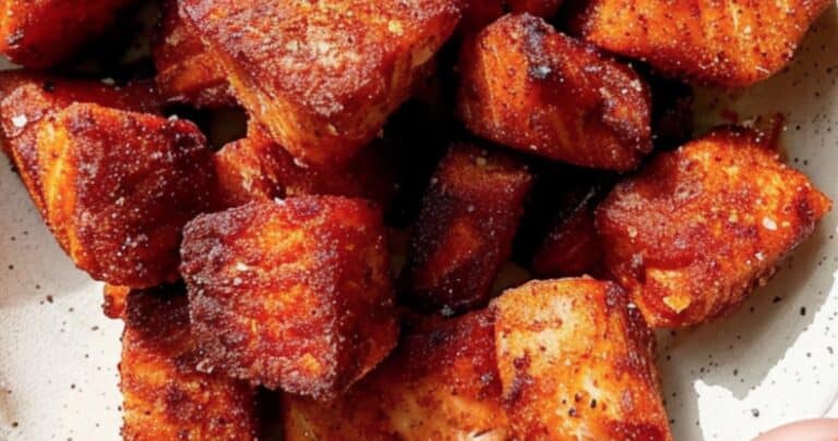 Plate of crispy air fryer salmon bites, ready to eat.