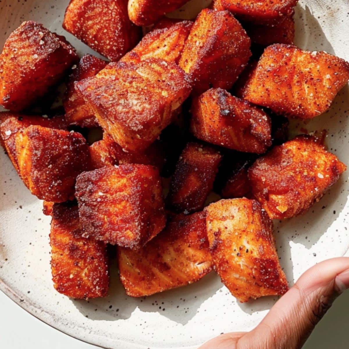 Plate of crispy air fryer salmon bites, ready to eat.