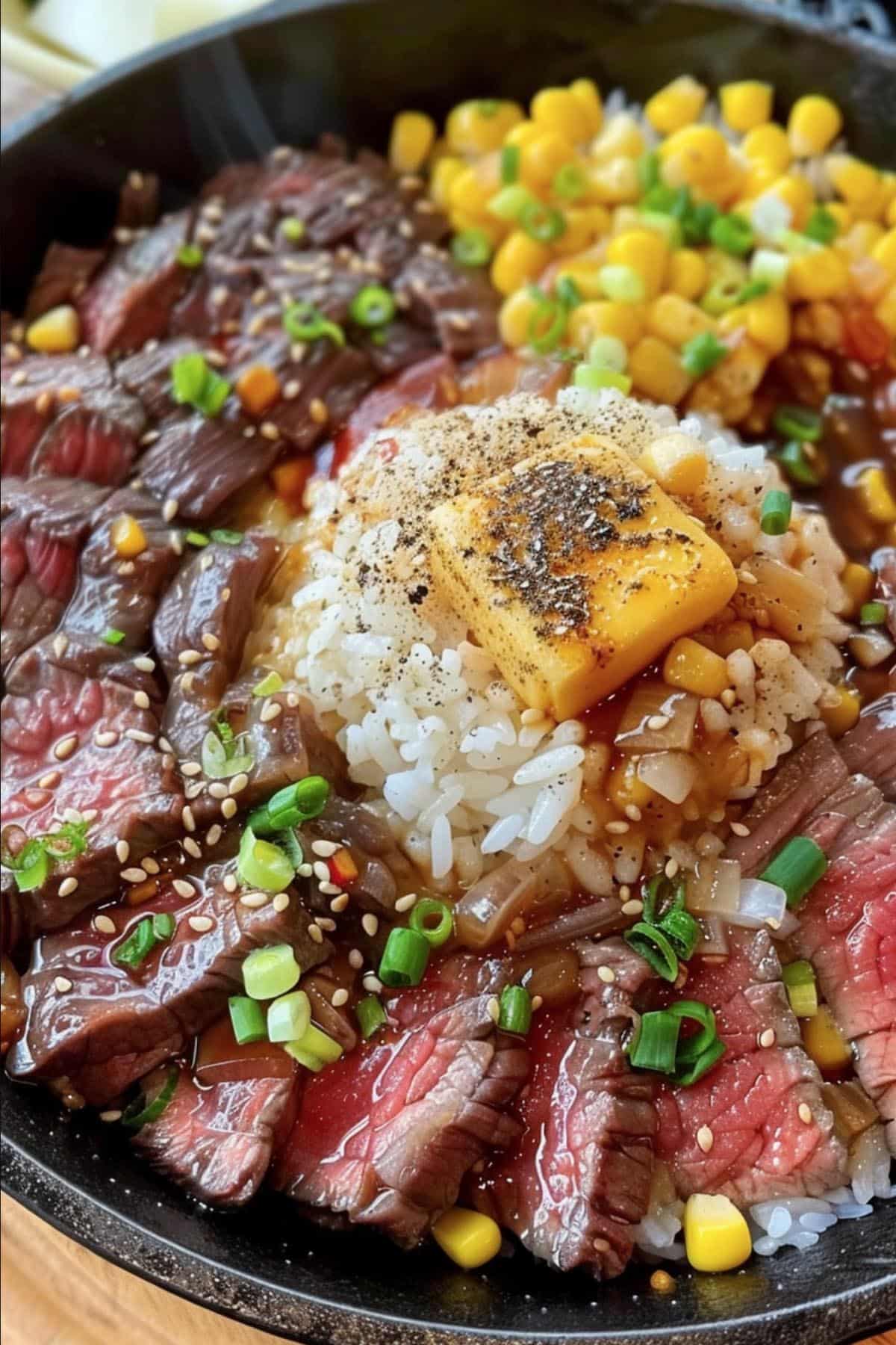 Close-up of sizzling beef pepper rice on a hot plate, topped with sweet and savory Amakuchi sauce glaze.