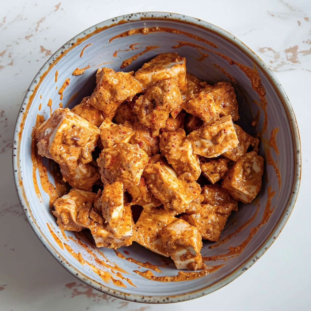 Ripped tofu chunks in a bowl coated with a golden-brown batter.